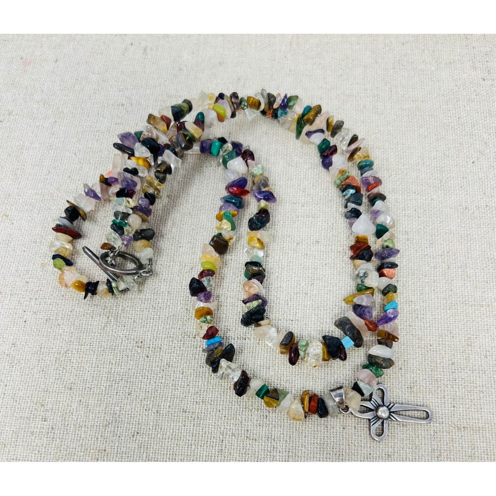 Sterling Silver 925 Multi Gemstone Chip Double Strand Cross Pendant Necklace - Picture 8 of 9